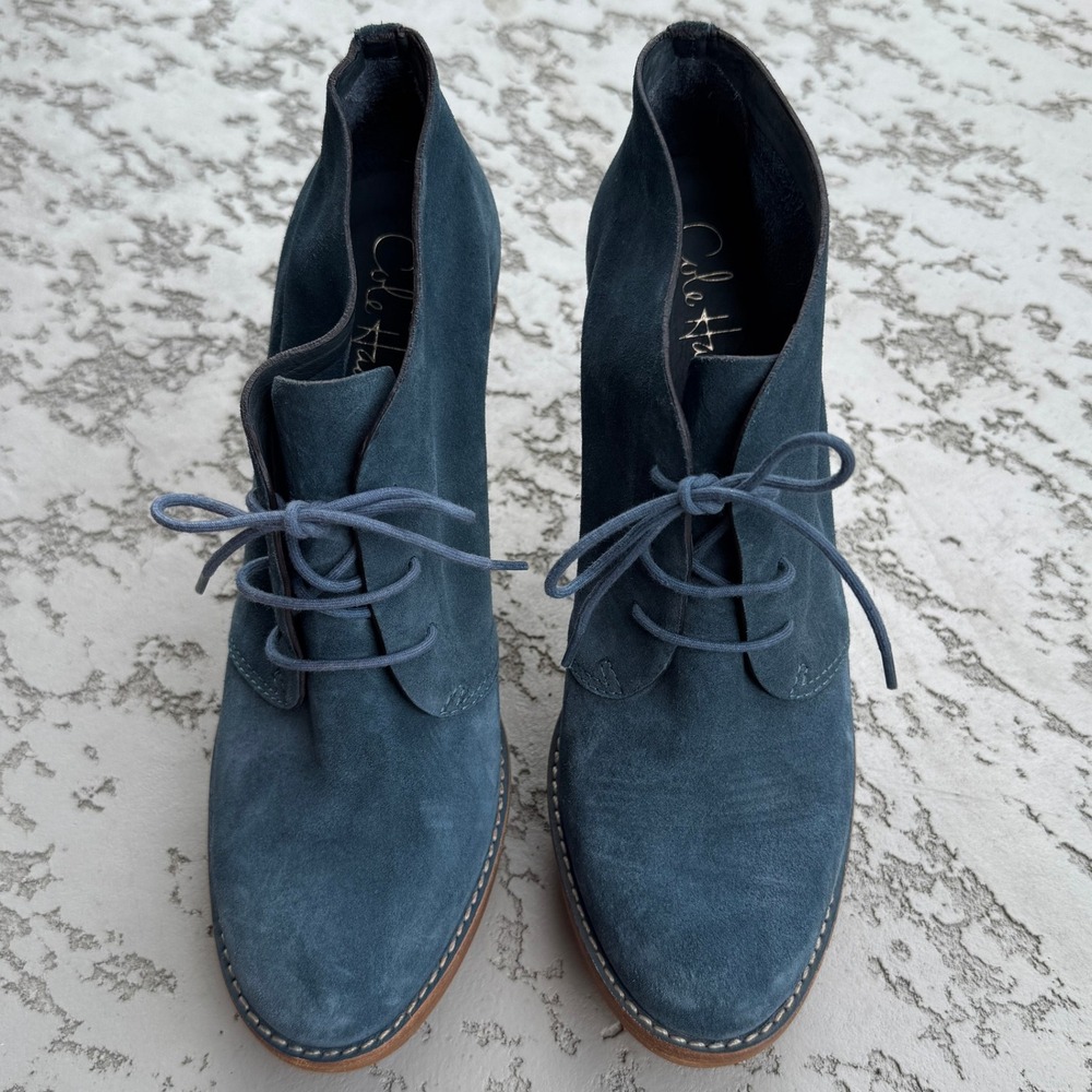 Cole Haan Women's Bootie 9 Blue Suede Leather Lace Up Heel Ankle Dress Boots